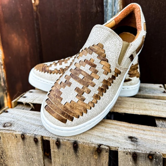 Woven Tan and Cream Slip-On Sneakers - Picture 1 of 10